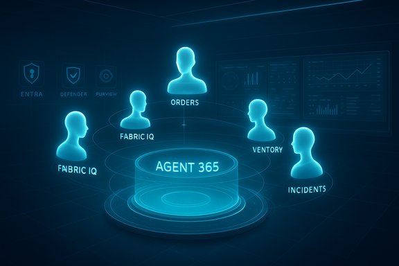 Futuristic holographic dashboard with AGENT 365 linking Fabric IQ, Orders, Inventory, and Incidents.