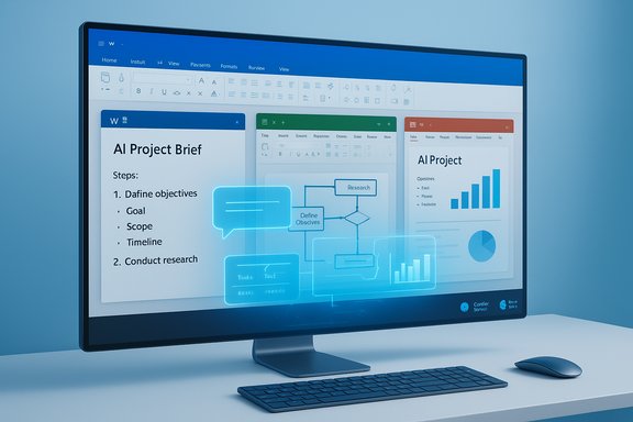 A sleek monitor shows AI project briefs and flowcharts in a blue-themed workspace.