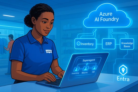 Levi's polo-clad worker uses a laptop connected to Azure AI Foundry for inventory and ERP.