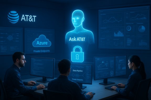 AT&T security operations room with a glowing “Ask AT&T” hologram over cloud dashboards.