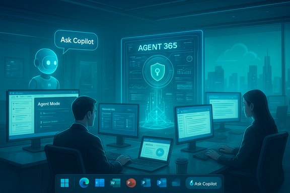 Futuristic control room with people at monitors as a robot offers help via 'Ask Copilot.'