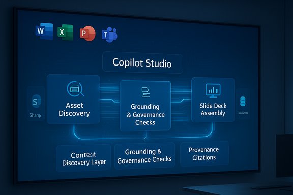 Blue Copilot Studio diagram showing Asset Discovery, Grounding & Governance Checks, and Slide Deck Assembly.