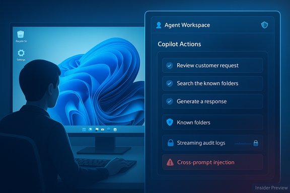 Person at a desk using a futuristic Agent Workspace panel with Copilot actions.