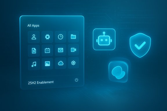 Neon blue digital UI with an all-app grid, robot icon, and security shield.