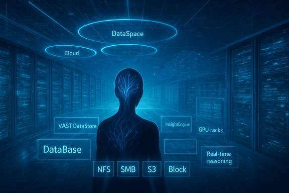 Blue futuristic data center with a human silhouette among floating labels for Cloud, DataSpace and databases.