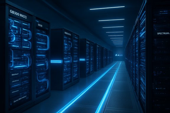 Azure-lit data center corridor with rows of glowing blue server racks.