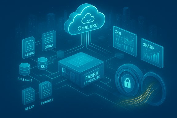 Fabric Lakehouse with OneLake cloud linking Iceberg, Delta, Parquet and S3/ADLS to SQL and Spark.