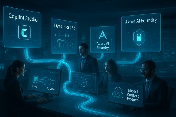 A team reviews holographic dashboards for Copilot Studio, Dynamics 365, and Azure AI Foundry.