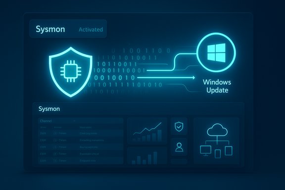 Neon cyber-security dashboard showing Sysmon activated and Windows Update flow.