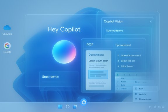 Blue UI concept with Hey Copilot and floating panels for PDF and Spreadsheet.