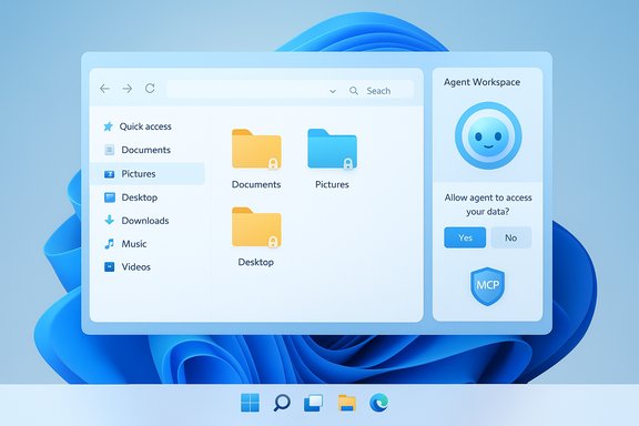 Blue UI with a left sidebar and main area showing Documents, Pictures, Desktop folders, and an Agent Workspace panel.