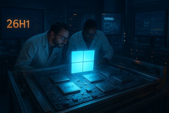 Two engineers study a motherboard with ARM chips under a glowing blue Windows logo.