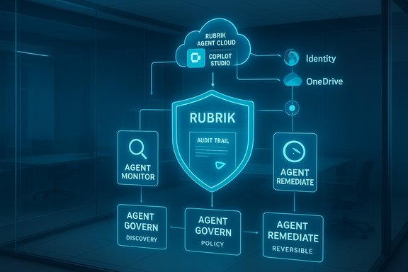 Neon blue Rubrik security diagram on glass showing cloud, identity, and agent workflows.
