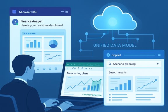 A business analyst monitors real-time dashboards on multiple screens connected to a cloud-based unified data model.