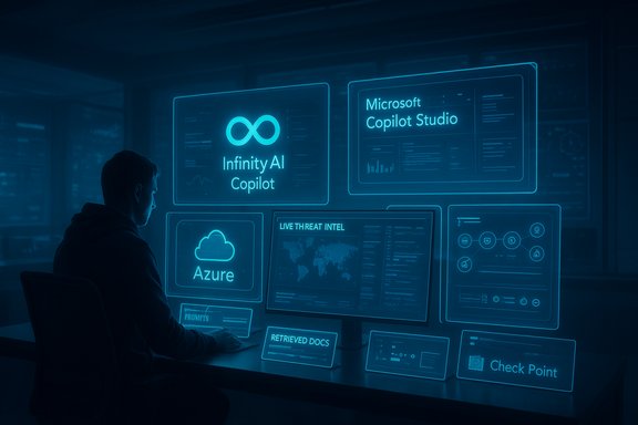 A person monitors holographic AI dashboards featuring Infinity AI Copilot and Azure.