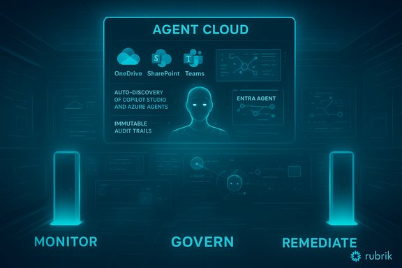 Futuristic Agent Cloud UI with cloud icons and three glowing pillars: MONITOR, GOVERN, REMEDIATE.