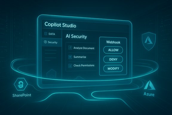 Futuristic Copilot Studio dashboard with AI Security options and webhook controls.