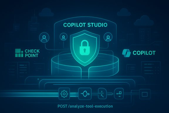 Teal security infographic depicting COPILOT Studio shield with a lock and post-tool-execution flow.