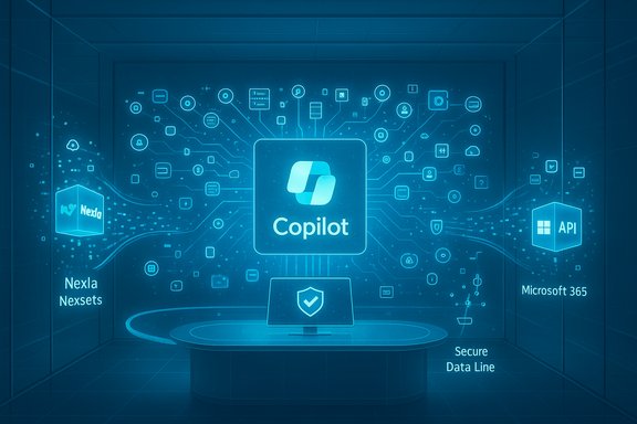 A futuristic holographic control panel centered on Copilot, linking API, Microsoft 365 and data flows.