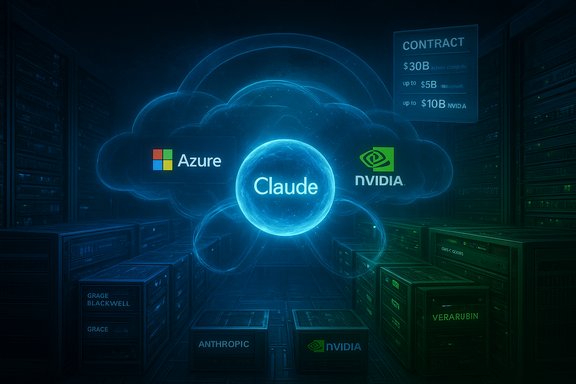 A glowing blue cloud hub labeled Claude links Azure and NVIDIA in a data center.