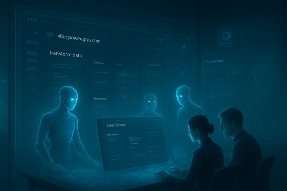 Humanoid robots and humans collaborate around glowing holographic data screens.