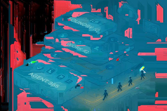 Isometric stack diagram of FoundryIQ, WorkIQ, and Agent365 modules with tiny figures walking a path.