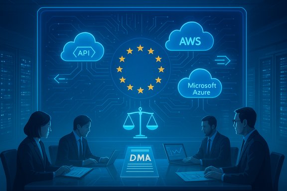 Professionals discuss cloud services (API, AWS, Azure) around the EU DMA symbol. Professionals discuss cloud services (API, AWS, Azure) around the EU DMA symbol.