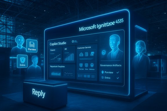 A blue neon expo booth with a Microsoft Ignite Copilot Studio display and holographic avatars.