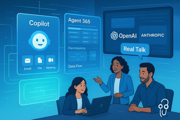 A team discusses AI tools such as Copilot, Agent 365, and OpenAI's Real Talk.