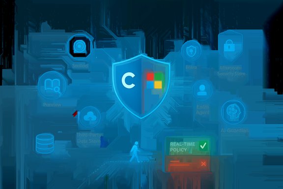 Glowing shield with Windows logo among security icons and a real-time policy panel.