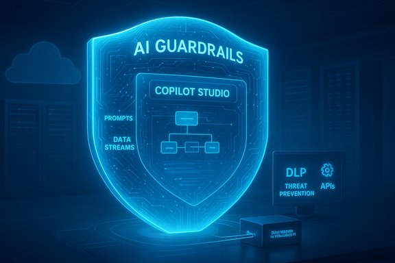 A glowing blue shield labeled AI GUARDRAILS with Copilot Studio in a data-center setting.