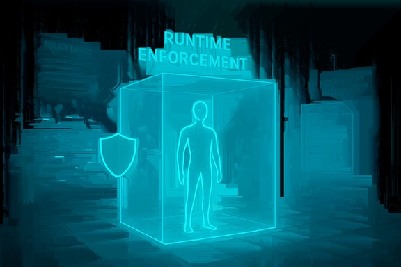A glowing cyan holographic cube labeled 'Runtime Enforcement' with a human figure inside and a shield nearby.
