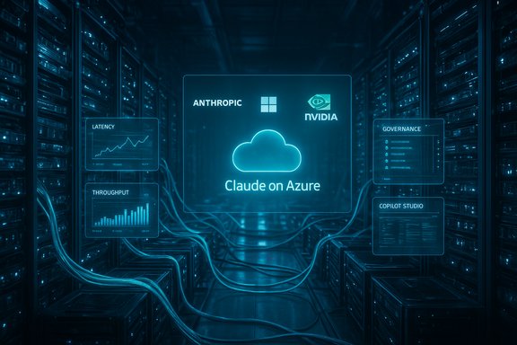 Futuristic data center with neon blue display reading 'Claude on Azure' between server racks.