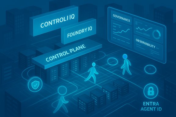 Blue-toned data-center diagram highlighting the control plane, governance, and observability.