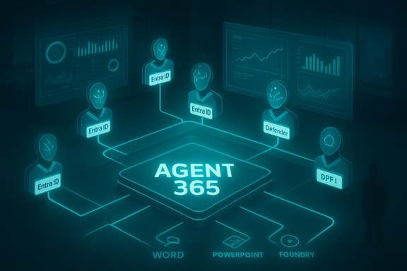 Agent 365 acts as a central hub connecting Entra IDs and Defender in a futuristic data-security network.