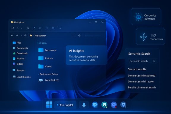 A futuristic Windows-style desktop showing AI Insights, semantic search, and File Explorer panels.