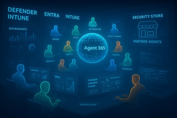 A futuristic security operations center with Agent 365 at a glowing globe surrounded by analysts and dashboards.