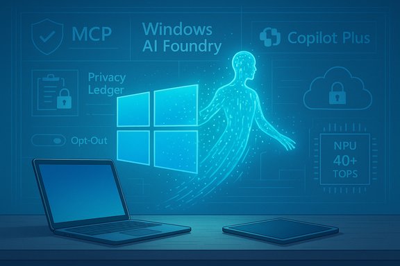 A holographic human figure interacts with Windows AI Foundry visuals above a laptop and a tablet.
