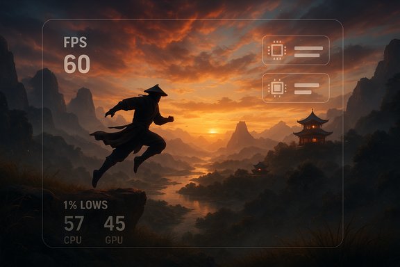 A silhouetted warrior leaps from a cliff at sunset over a misty valley toward a glowing pagoda.