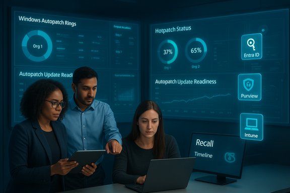 Three professionals review holographic dashboards displaying software update metrics.