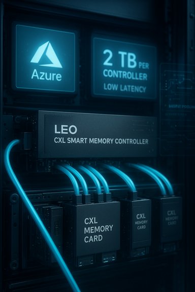 Azure-branded server rack with a LEO CXL smart memory controller and memory cards.