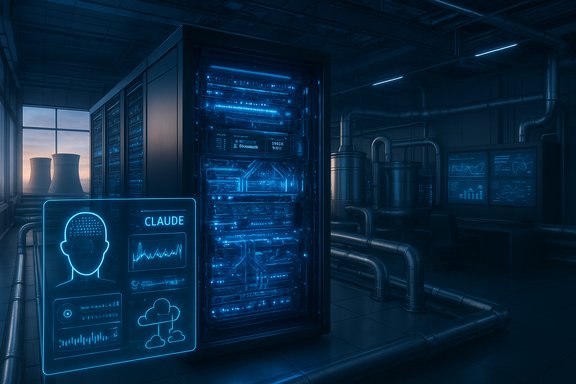 Futuristic data center with blue neon lighting and a holographic Claude display near servers.