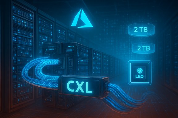 Futuristic data center with glowing blue CXL cables and 2 TB storage icons.