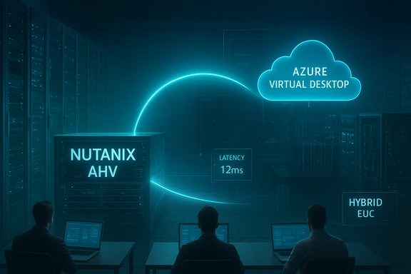 Neon-blue data center connecting Nutanix AHV to Azure Virtual Desktop with 12ms latency.