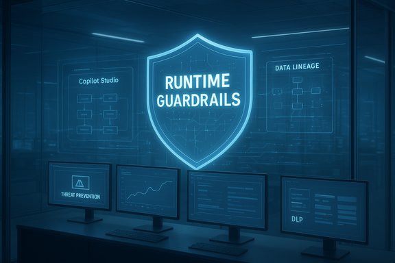 A neon blue shield labeled RUNTIME GUARDRAILS dominates a security operations center with multiple monitors.