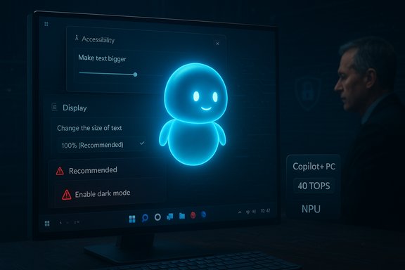 Glowing blue robot avatar floats in front of a monitor displaying accessibility settings.