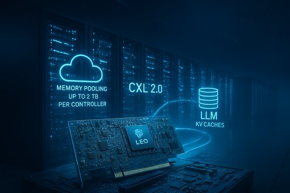 Neon blue data center scene showing CXL 2.0, memory pooling up to 2 TB per controller, and LLM KV caches.