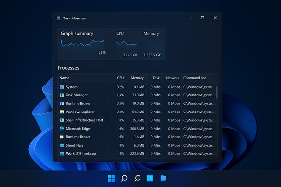 Windows 11 Task Manager in dark theme showing CPU, memory graphs and processes.