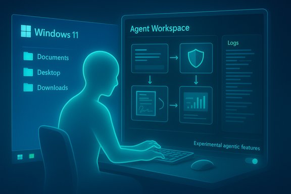 Neon blue silhouette at a computer shows Windows 11 folders and an agent workspace flowchart.