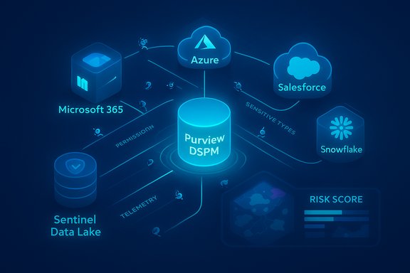 Purview DSPM central hub linking Azure, Microsoft 365, Salesforce, Snowflake, and Sentinel Data Lake.